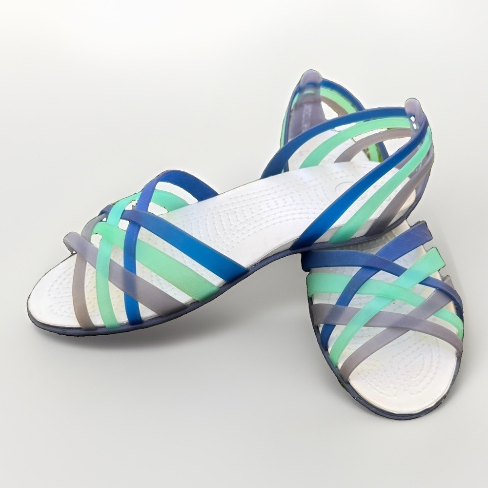 Crocs Huarache Flats Womens US 7 Multicolor Cross Straps Slip On Peep Toe Beachy